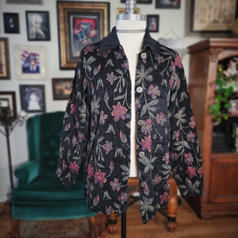 Susan Graver Tapestry Jacket Floral Black Pink Texturedâ Button 90s Style Blazer